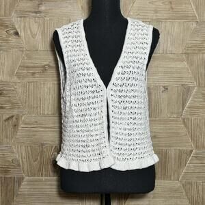 Womens Beige Open Stitch Crochet Vest Size S/M Ruffle Hem Boho